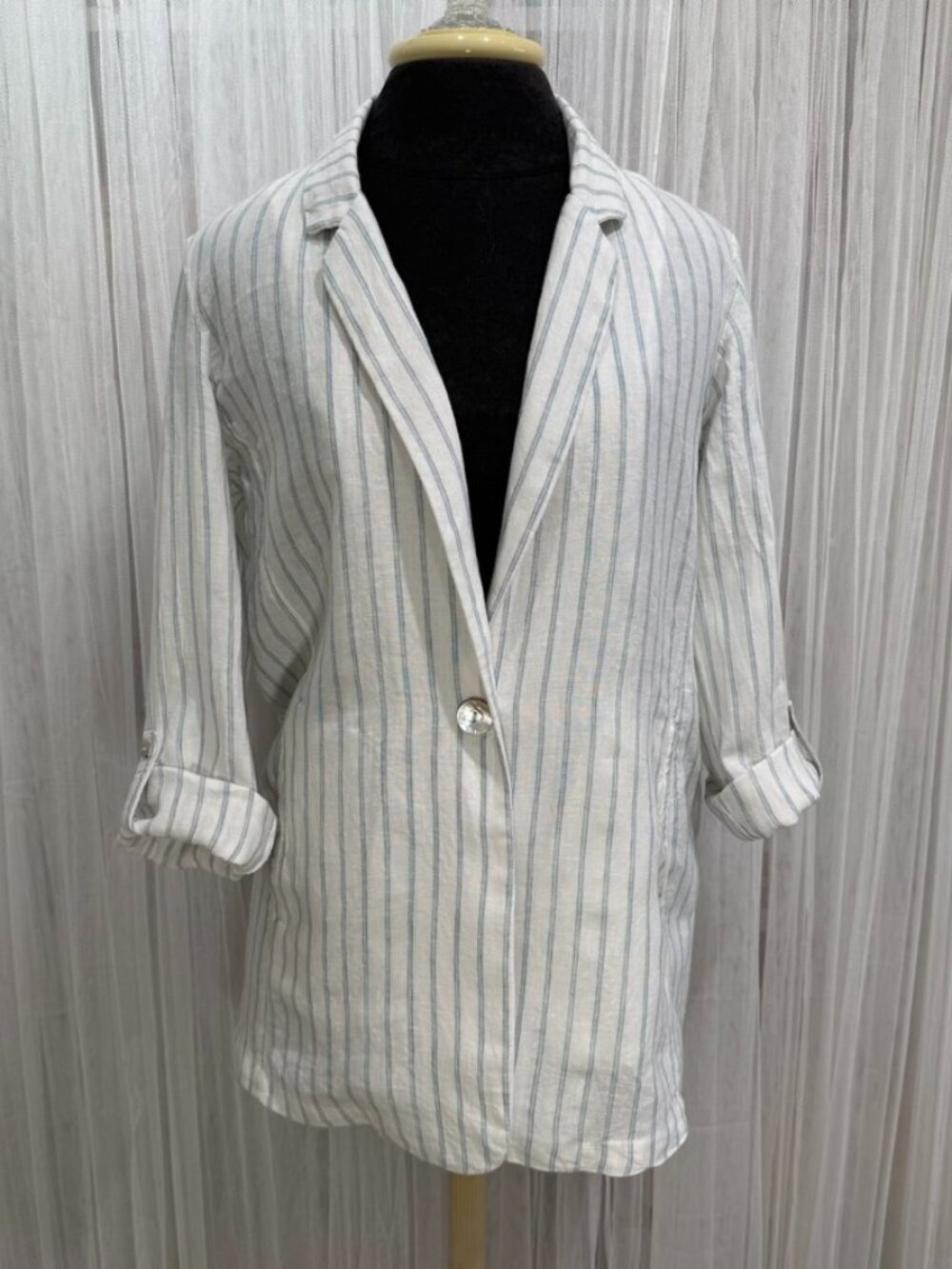 C&C California Womens 100% Linen Striped Blazer Jacket Size Small Roll tab